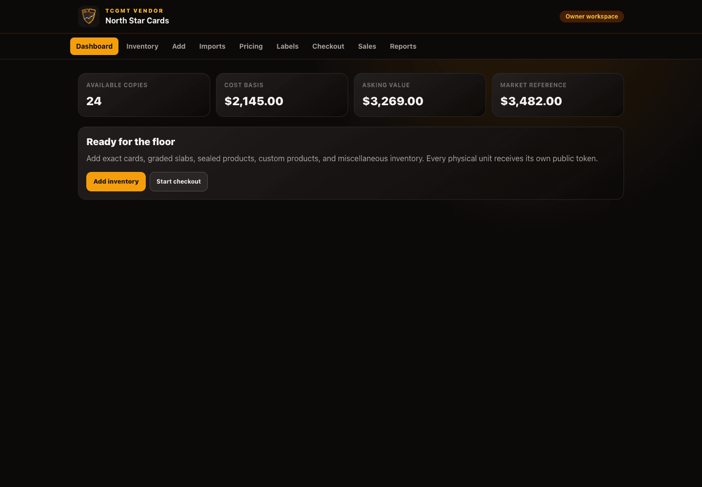 TCGMT Vendor dashboard showing inventory, pricing, checkout, and reporting tools